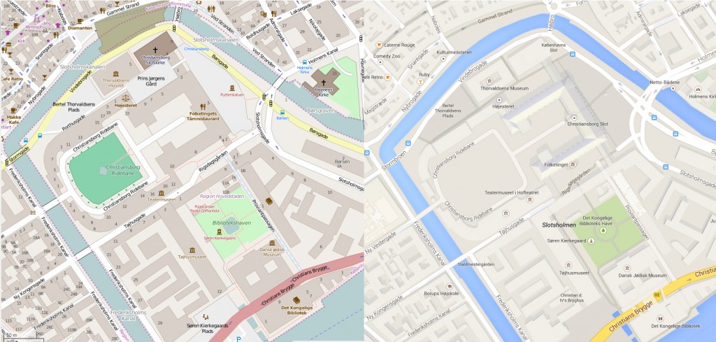 Et udsnit af det centrale København. Open Street Map til venstre, Google Map til højre.